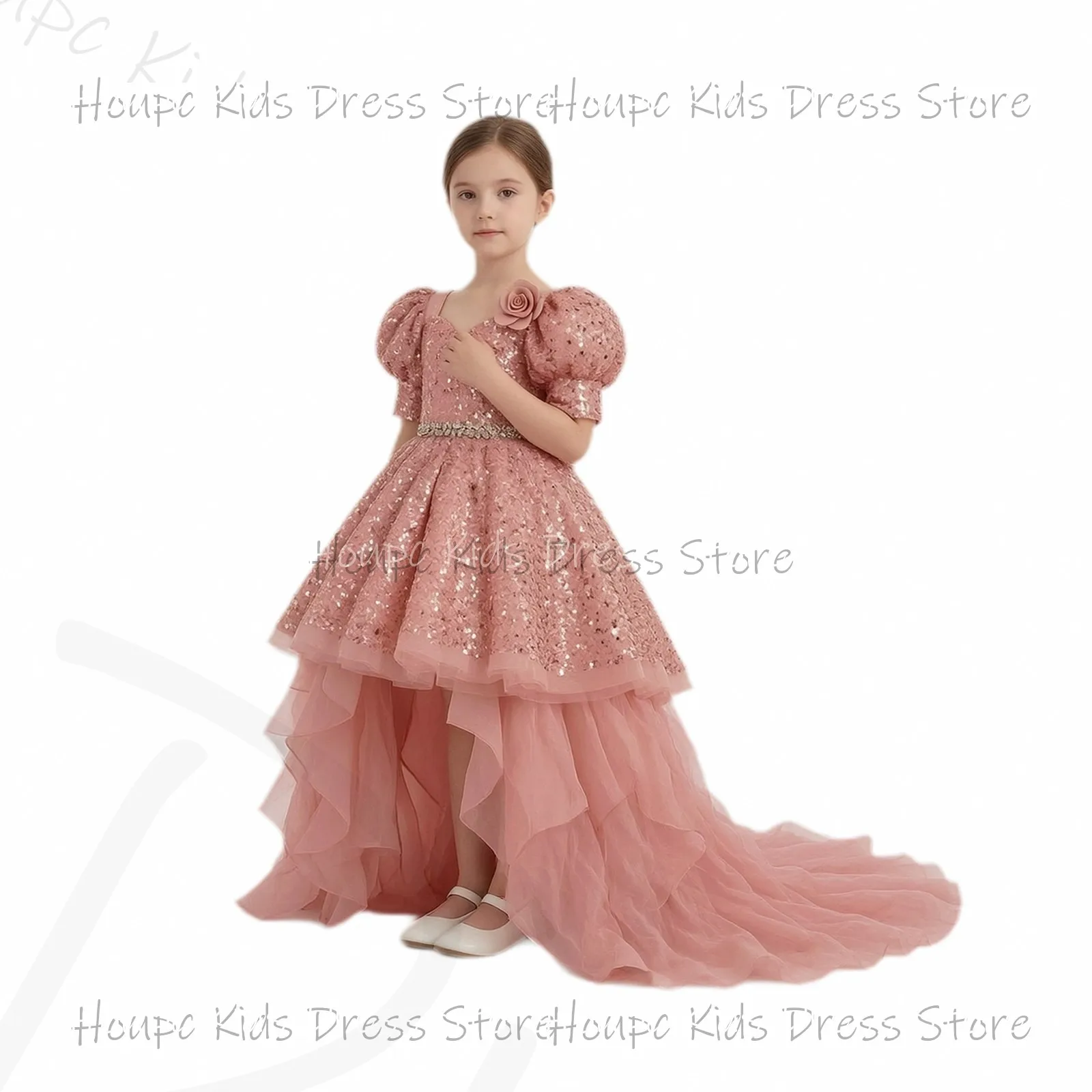Blush Pink Sequin Tulle High-Low Princess Dress Wedding Birthday Party Evening Party Custom Flower Girl Dresses Prom Dresses