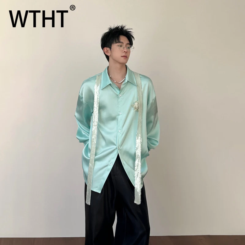 

Мужская модная рубашка WTHT в стиле Heavy Industry с цветочными пайетками и лентами, трендовая, на одной пуговице, с отложным воротником, мужская, зима 2025