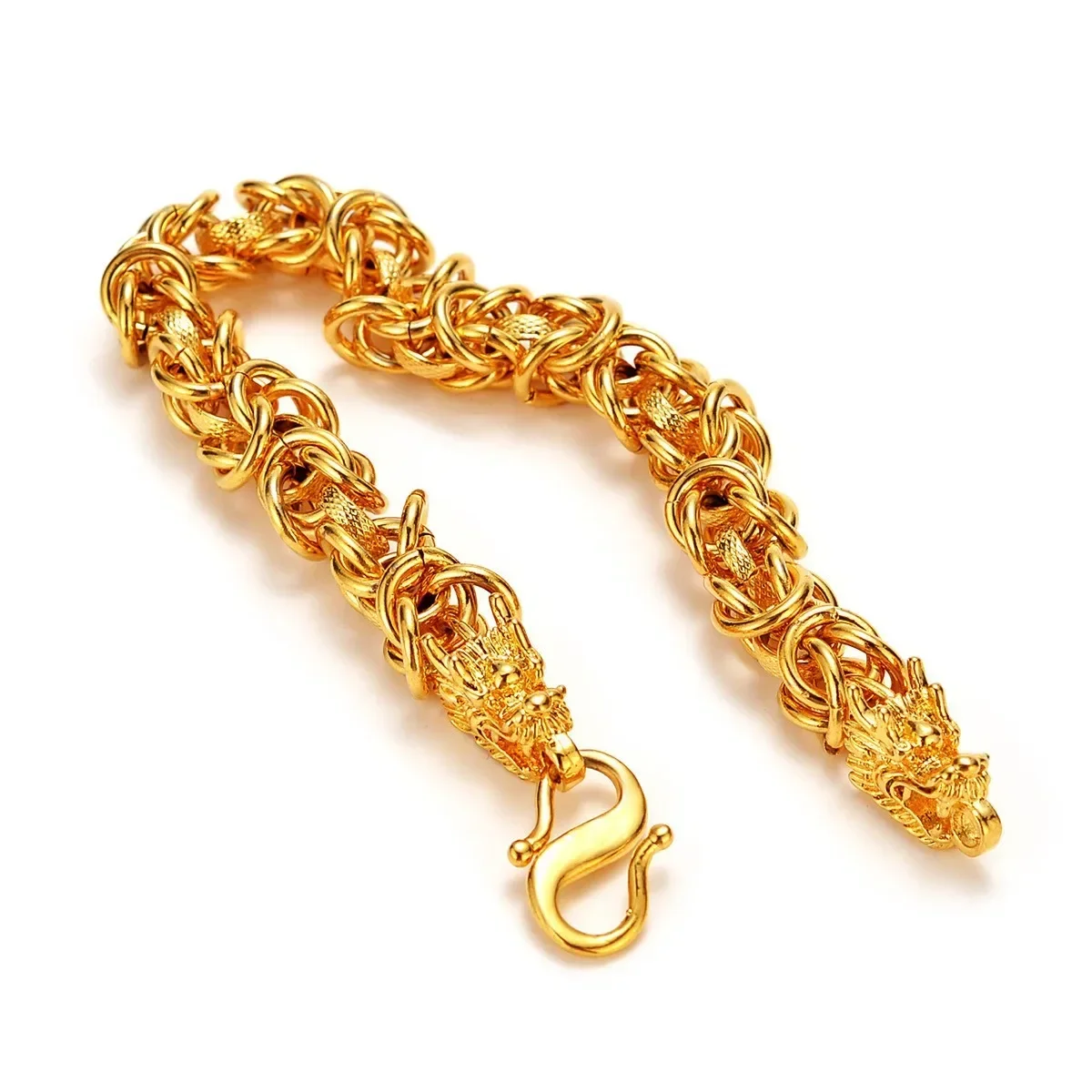 24K gold real 999 National style retro heritage men's twist weave bracelet transit beads filigree dragon head zodiac string