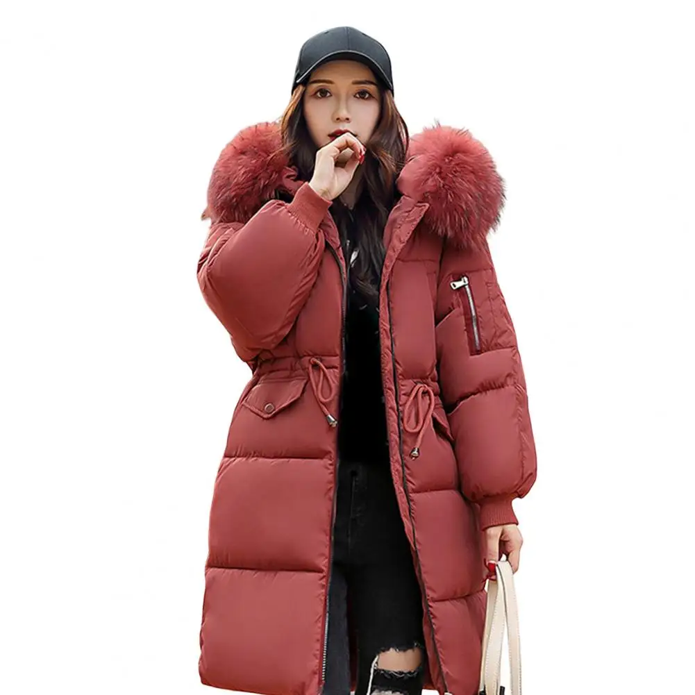 

Women Winter Jacket with Furry Hood Thickened Padded Down Coat Drawstring Waist Zipper Closure Mid Length Windproof Cotton Coat