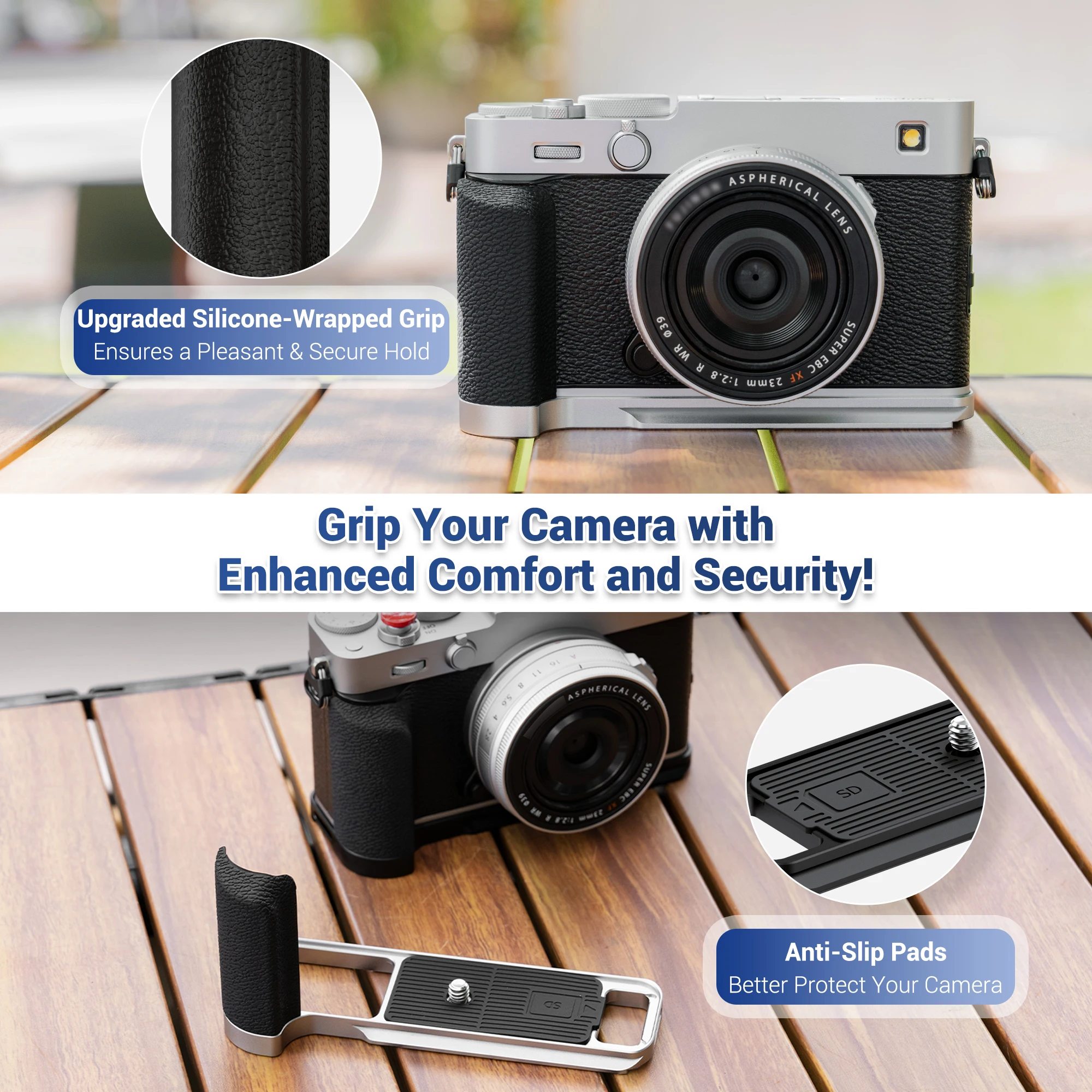 JJC X-E5 L-förmiger Metallgriff für Fujifilm Fuji X-E5 Kamera, integrierte Schnellwechselplatte für Arca, ergonomischer weicher Silikon-Handgriff