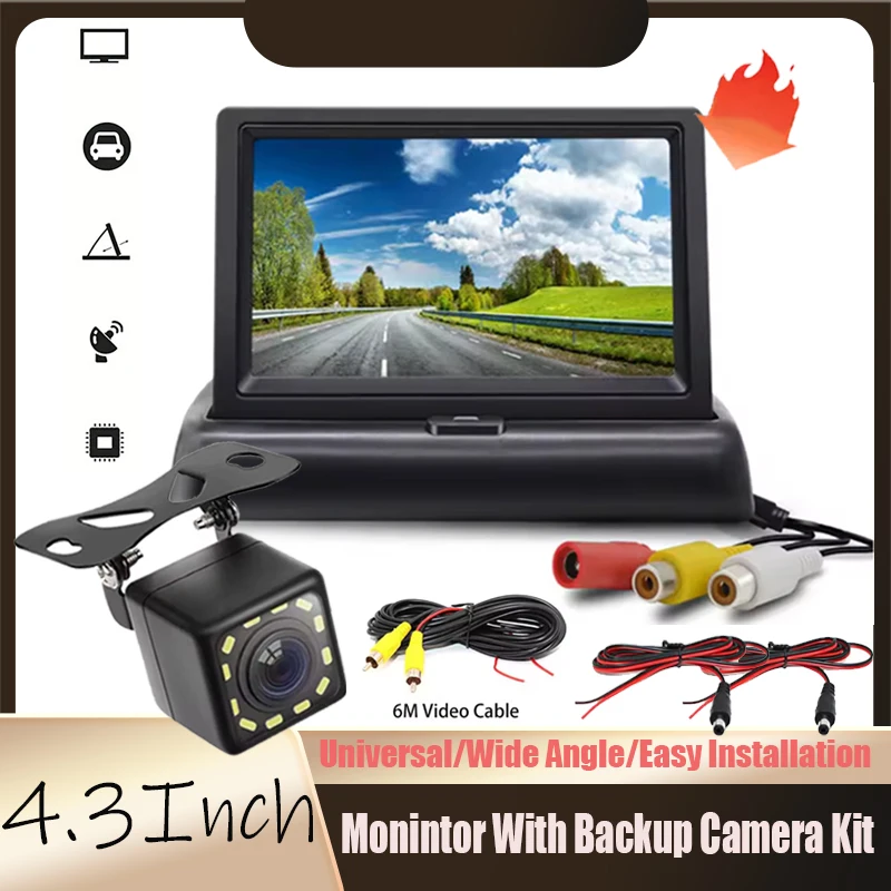 4.3in Ultra-Clear Folding Monitor Car Rearview Display Backup Camera Universal Kit 12 LED Lights for Display Reversing Parking