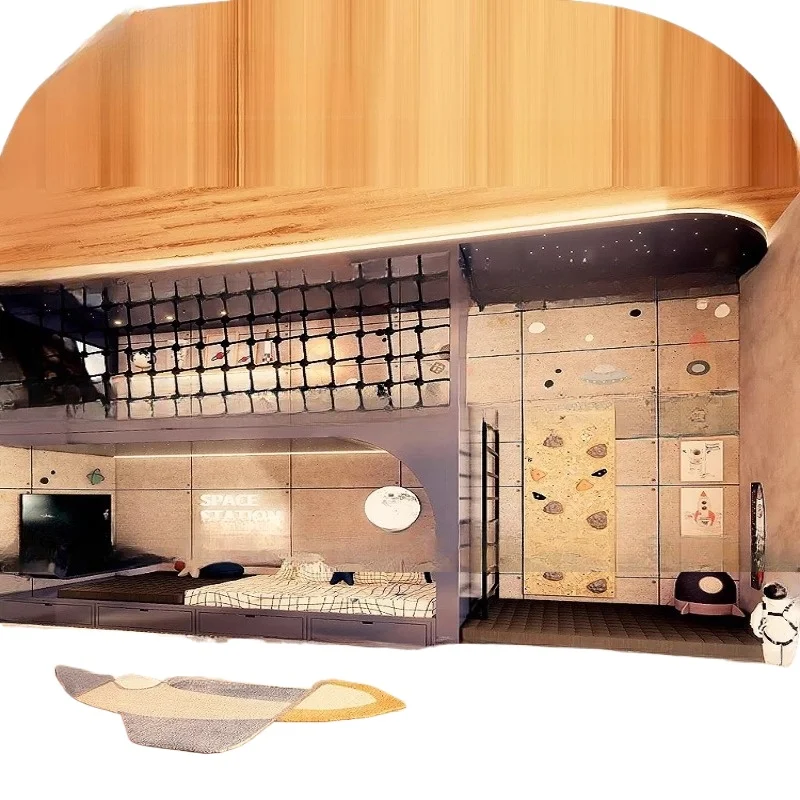 Cama para adultos de madera maciza, 1,5 metros de altura y baja, red de cuerda b ed, modelo de escalera con pared de punto de roca