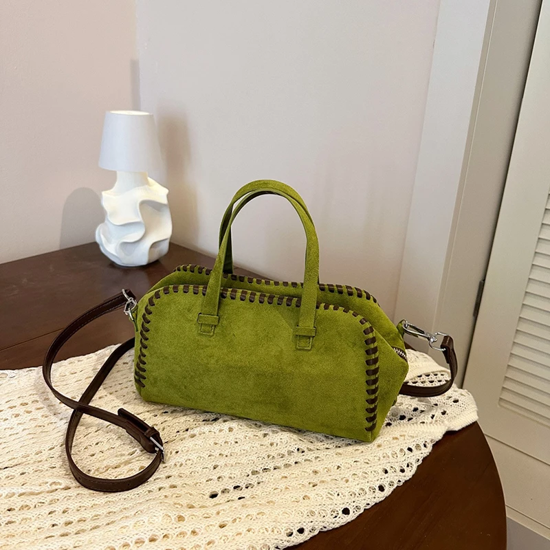 Women Vintage Boston Bowling Crossbody Bag Frosted Faux Suede With Hand‑Stitching Detail Retro Commute Work Daily Shopping Handb