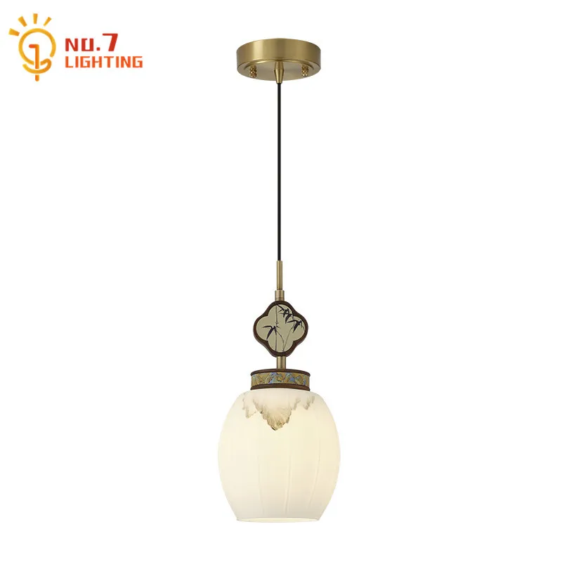 Chinese Retro Classical Zen Art Decorative Pendant Lights LED E27 Copper Glass Hanging Lamp Tea Room Studio Bedroom Bedside Bar