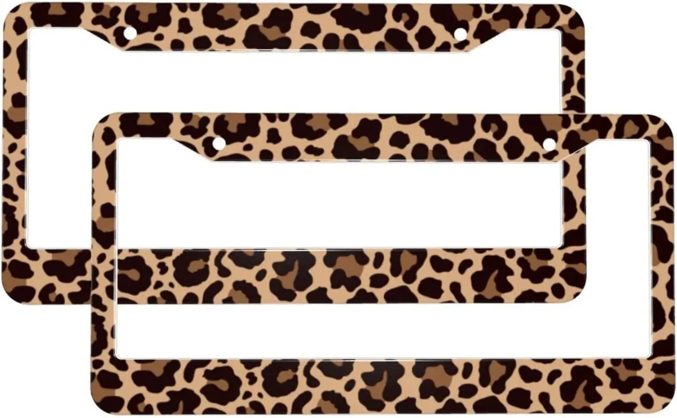 Leopard Cheetah Print License Plate Frames Covers Car Tag Frame Holder Car Accessories Brown Stainless Aluminum Decor 2 Pcs Set