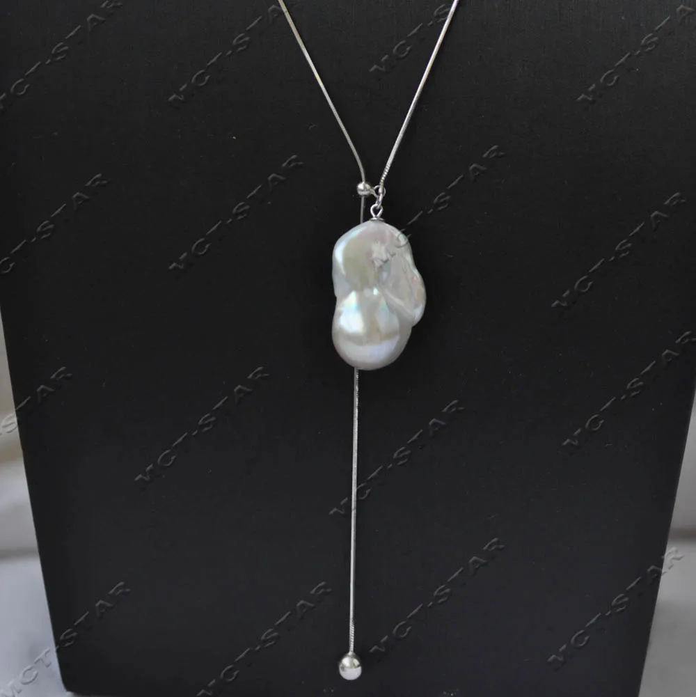 

MCT·STAR Z13399 A+ 26" 27mm Baroque White Keshi Pearl Pendant Adjustable 925silver Chain Custom Jewelry