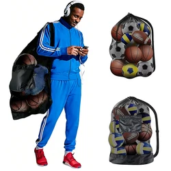 Large Mesh Ball Bag Drawstring Bag for Storage Soccer Basketball Volleyball Training Bags Black Sports Bag with Shoulder Straps