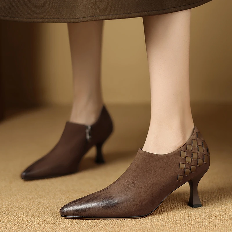 

Women's New Spring and Autumn Genuine Leather Brushed Sheepskin High Heels with Side Zipper Fashion Deep Mouth Single Shoes