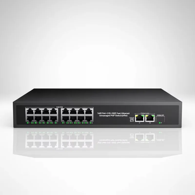 16-Port 100Mbps POE Unmanaged Switch 200W Power 2 Gigabit Uplink 1 SFP IEEE 802.3 At/af 9.2Gbps Capacity VLAN Network Switch