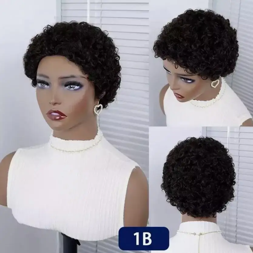 Korte Zwarte Knip Echt Haar Pruik Geen Kant Afro Krullend Pruik Voor Zwarte Vrouwen