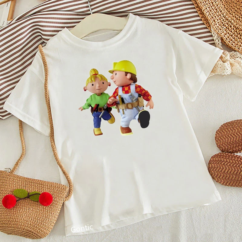 Baby Boy T-shirt Cartoon Bob The Builder T Shirt Children\'s Clothes Summer Top Kids White Casual Short Sleeve Tshirts for 2-13 Y