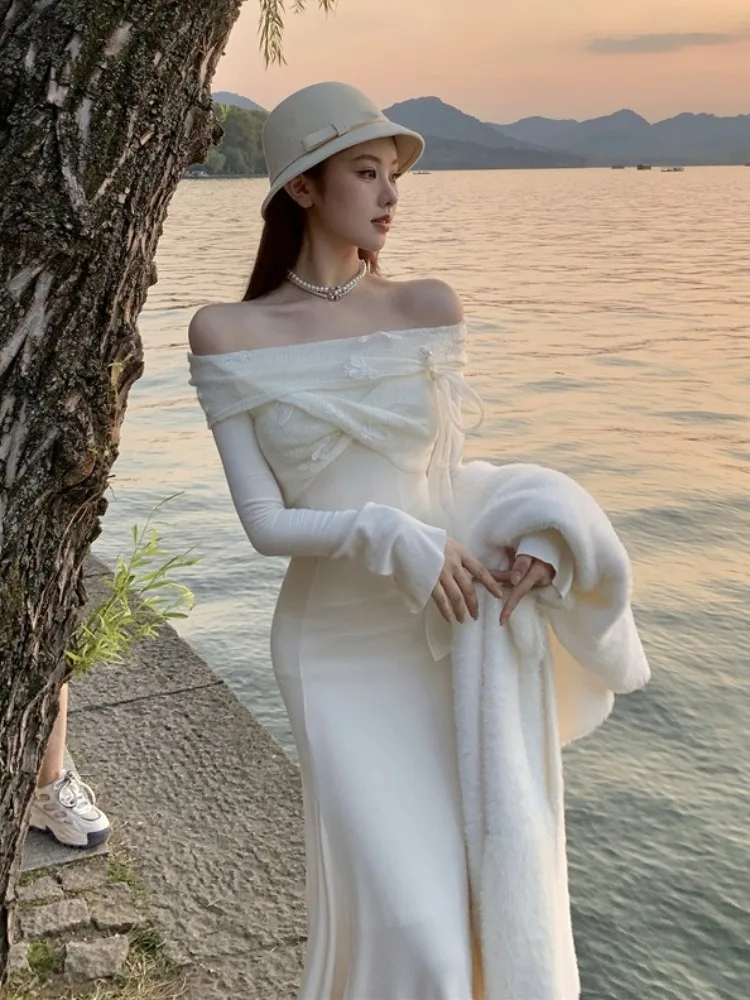 

Женское осенне-зимнее облегающее платье Diamond Dinner с одним открытым плечом, длинным рукавом, вязаное, с высокой талией, фасон «рыбий хвост»