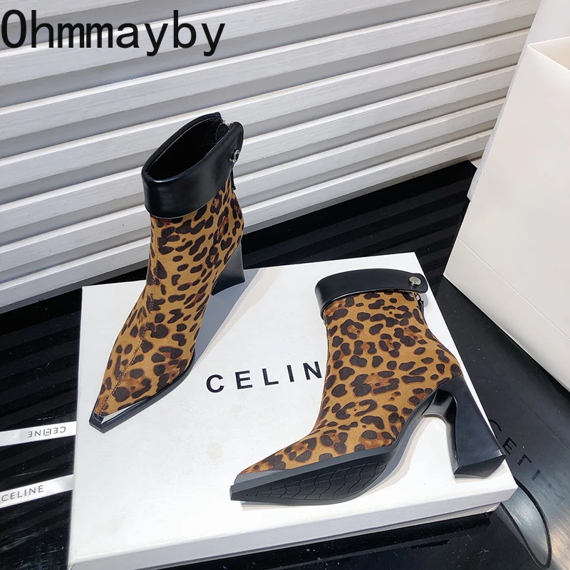 Designer Women High Heel Modern Ankle Boots Fashion Pointed Toe Leopard Short Booties Autumn Winter Women's Casual Shoes