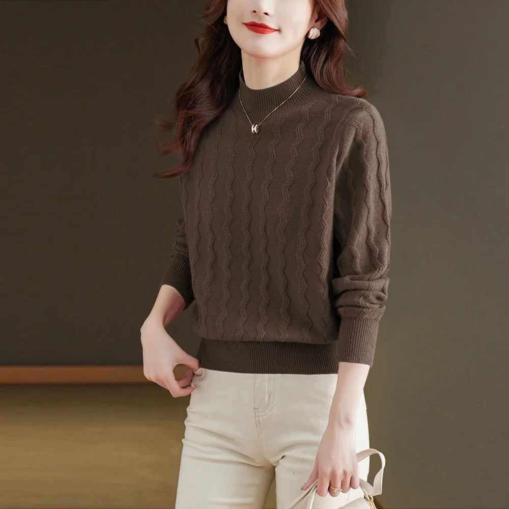 

Autumn Winter Warm Shirt Pullover Sweater Women Half High Collar Long Sleeve Sweaters Ladies Solid Red Black Coffee Knitwear Top