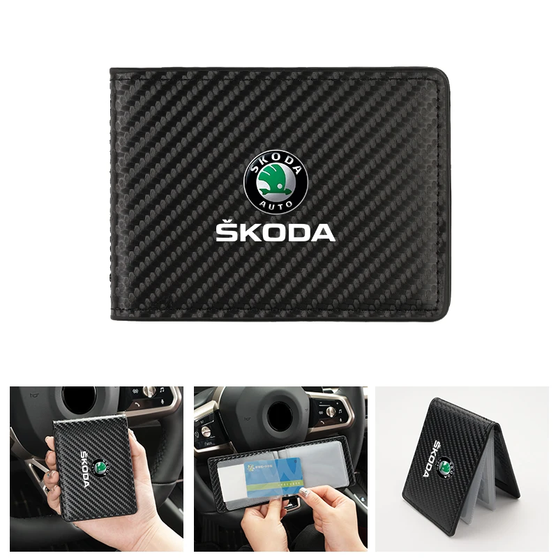 

Carbon Fibre ID Bag Leather Car Logo Bank Card Holder For Skoda Octavia Superb Rapid Kodiaq Karoq Fabia Kamiq Roomster Citigo En