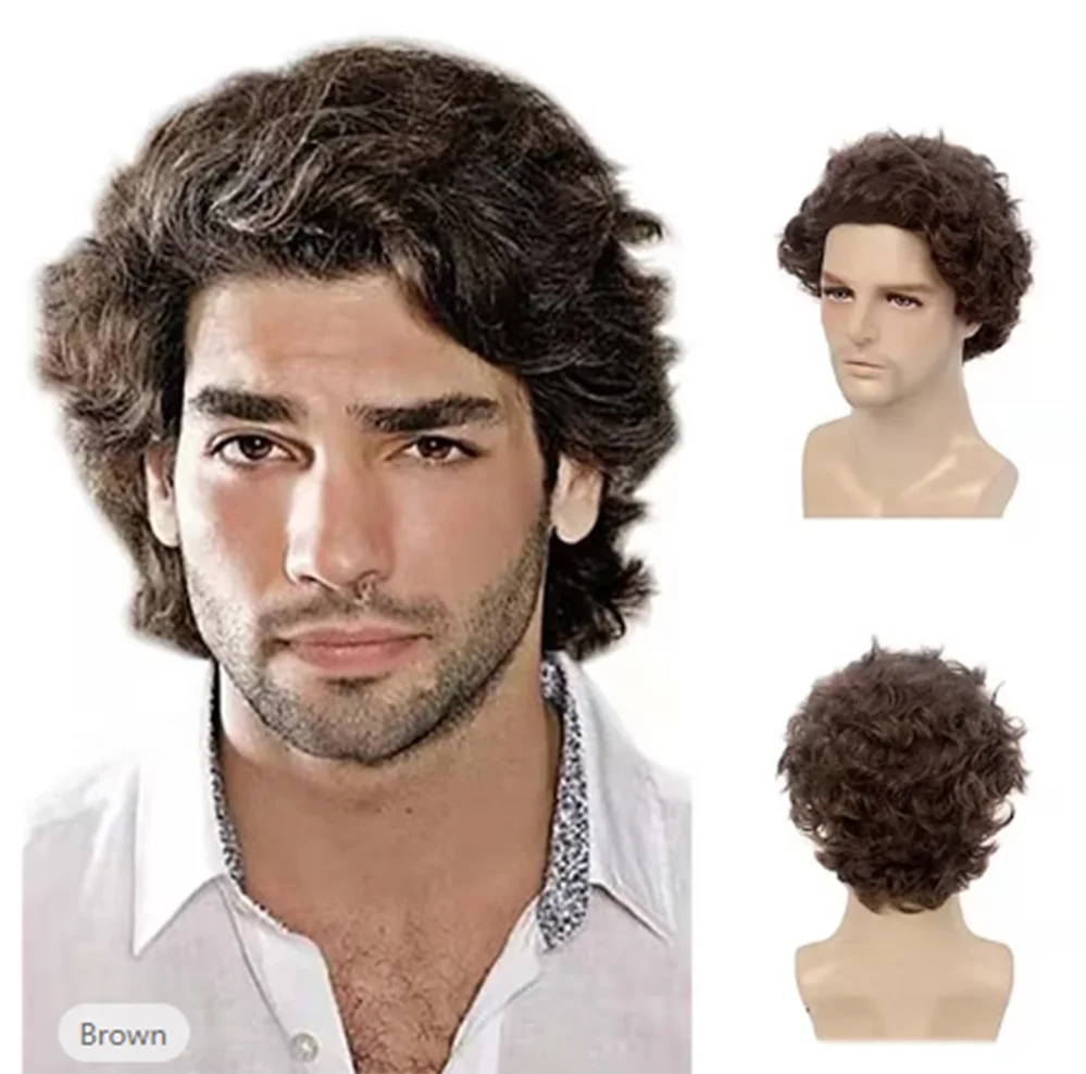 

Короткие вьющиеся синтетические натуральные волнистые парики с челкой для мужчин, волокнистые повседневные кудрявые Модные мужские парики, парики из термостойкого волокна
