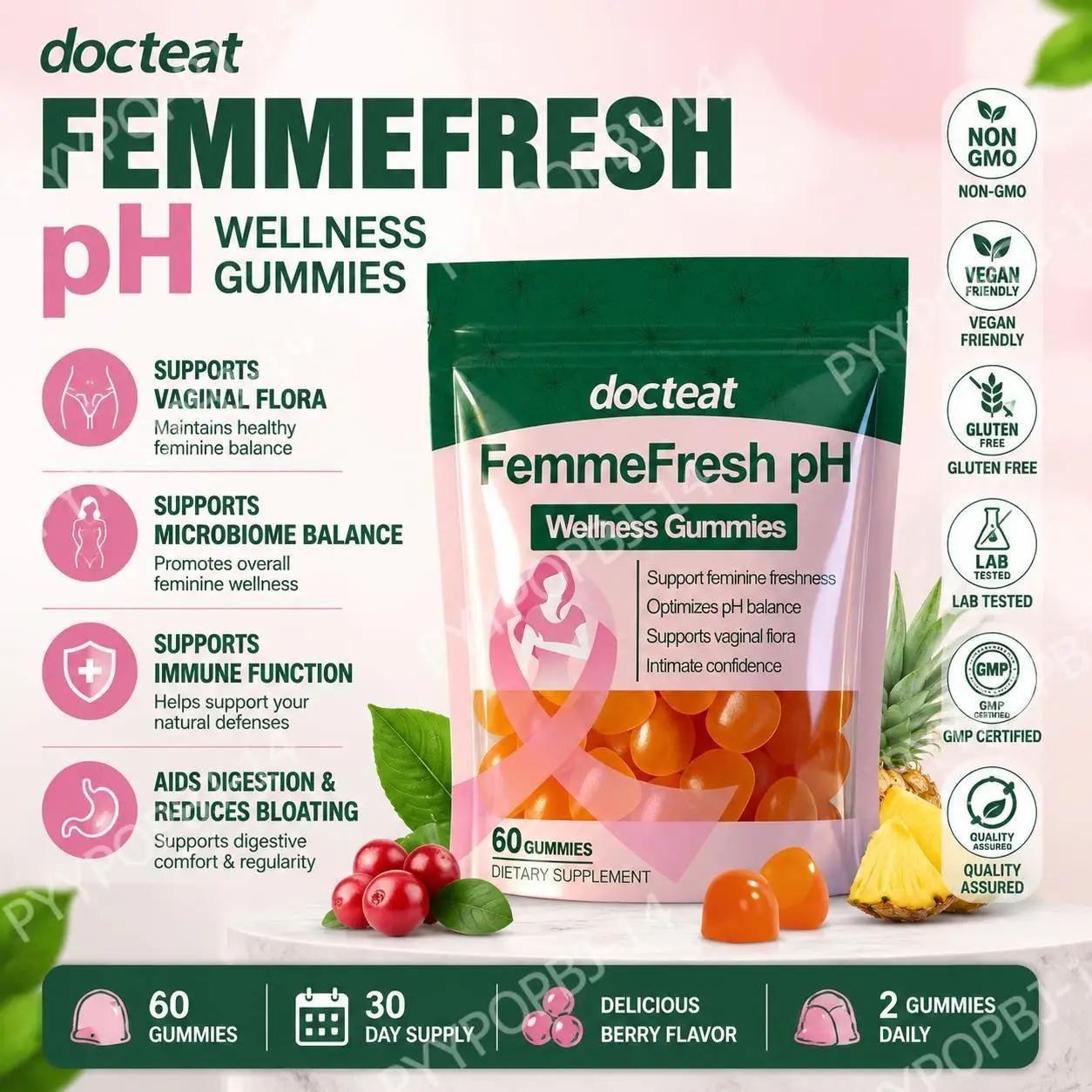 Gomitas de Vitamina C Docteat para la Frescura Femenina, Equilibrio del pH con Extracto de Arándano y Lactobacillus Acidophilus, 60 Gomitas