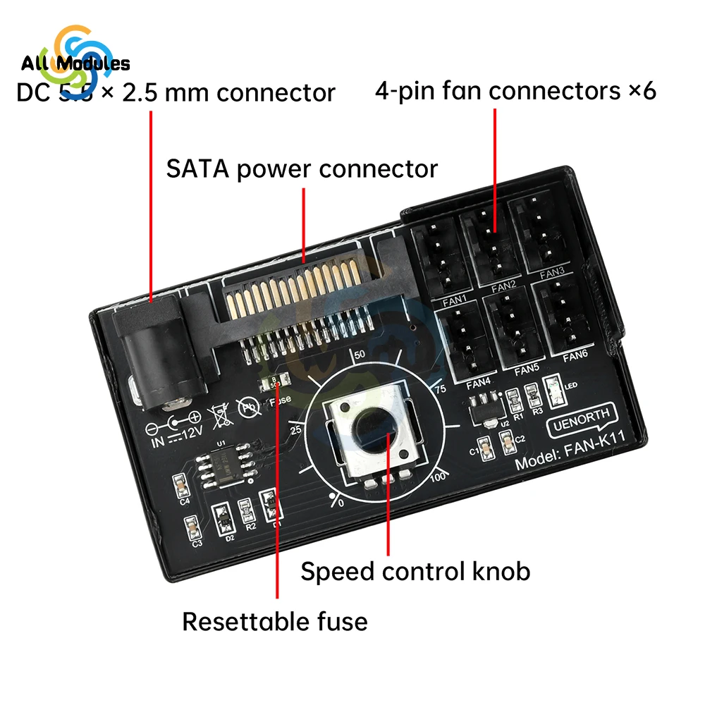 

PWM Computer Fan Speed Controller 60W High-Power Hub Sata DC Power Controller for PC Four-Wire Fan Speed Control
