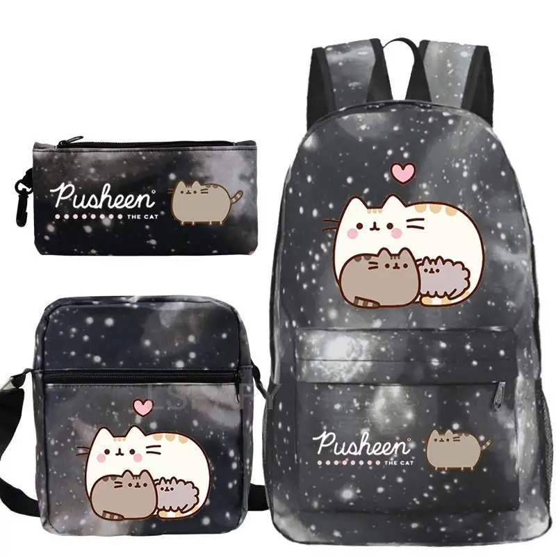 3Pcs/Set Fat Cat Backpacks Boys Girls Cartoon School Backpack Book Bag Teen Sharkdog Mochila Fashion Casual Knapsack