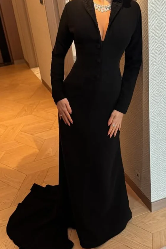 Alta qualidade personalizado até o chão com decote em v preto mangas completas tribunal trem vestidos de convidados do casamento luxo 2025 vestidos de noite robe