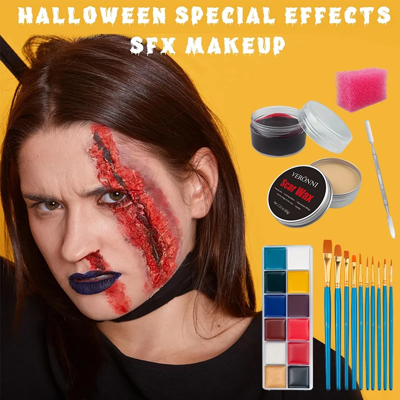 SFX Makeup Kit,12 Colors Face Body Oil Paint, Stage Special Effects, Halloween Wound Scar Wax, Makeup, Fake Rib Blood Spatula