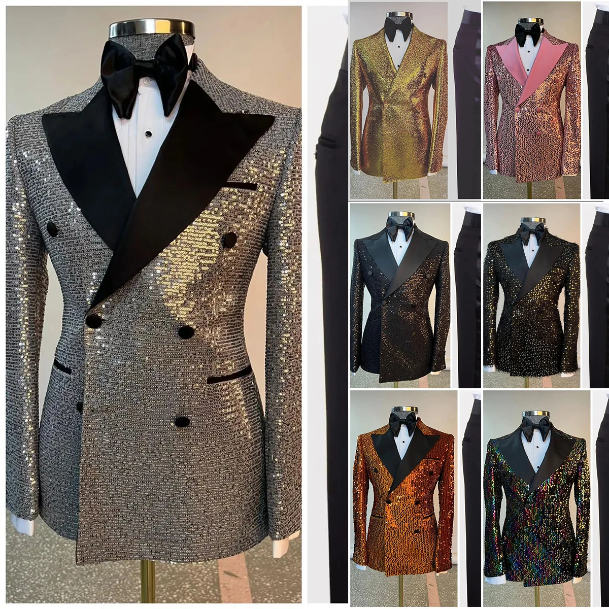 Sparkly Men Suits For Wedding Peaked Lapel Groom Wear  Double Breasted Tuxedos 2 Pcs Coat With Pants Prom Evening Party Custom