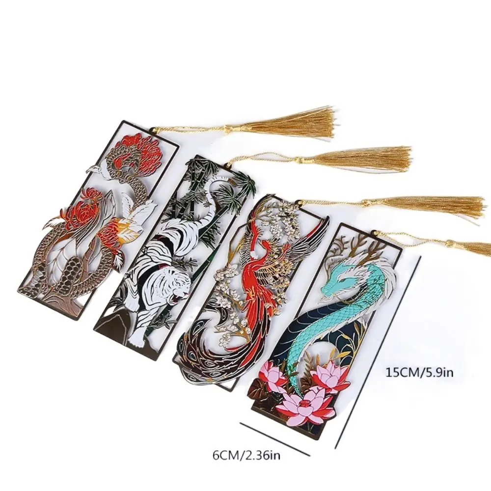 Imagem -06 - Metal Estilo Chinês Bookmarks Quatro Besta Mítico Artesanato Criativo Clipe de Livro Oco Out Papelaria