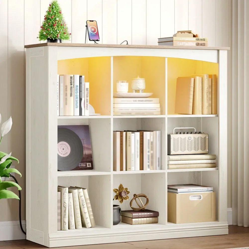 

Cube Bookshelf, 9 Cube Storage Organizer, 3 Tier Wood Cubby Bookshelf With Led Lights And Charging, Low Bookcase For Bedroom, O