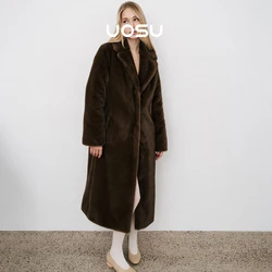 Trendy w modzie Długi płaszcz ze sztucznego futra z norek Brązowy Zimowy Fuzzy Gruby Ciepły Odzież dla kobiet Iconic Vibe Cozy Outfit Maxi Overcoats