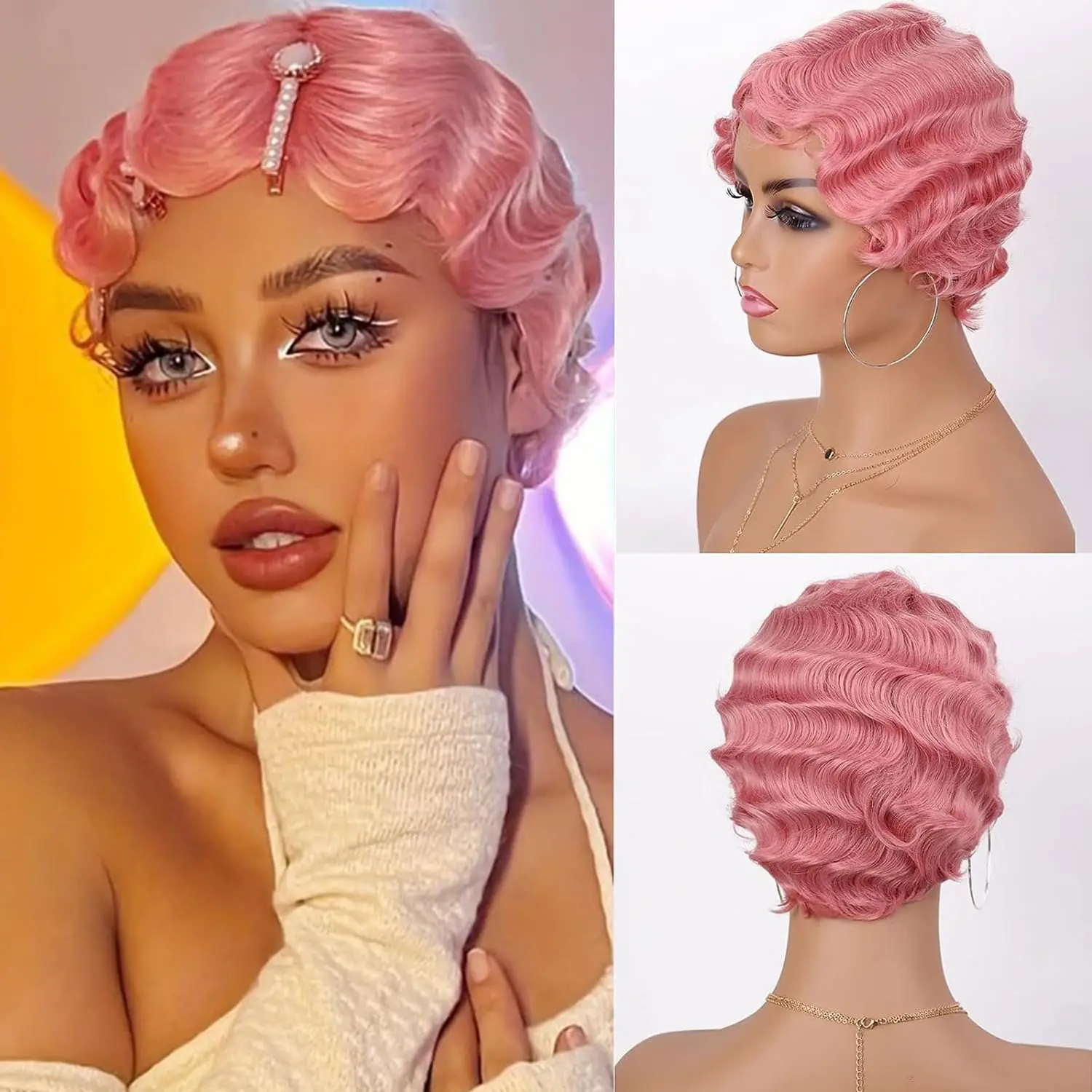 Finger Wave Synthetic Wig Short Mommy Hair Curly Wigs for Black Women Lady Nuna Wig 1920s Cosplay Costume Halloween Party