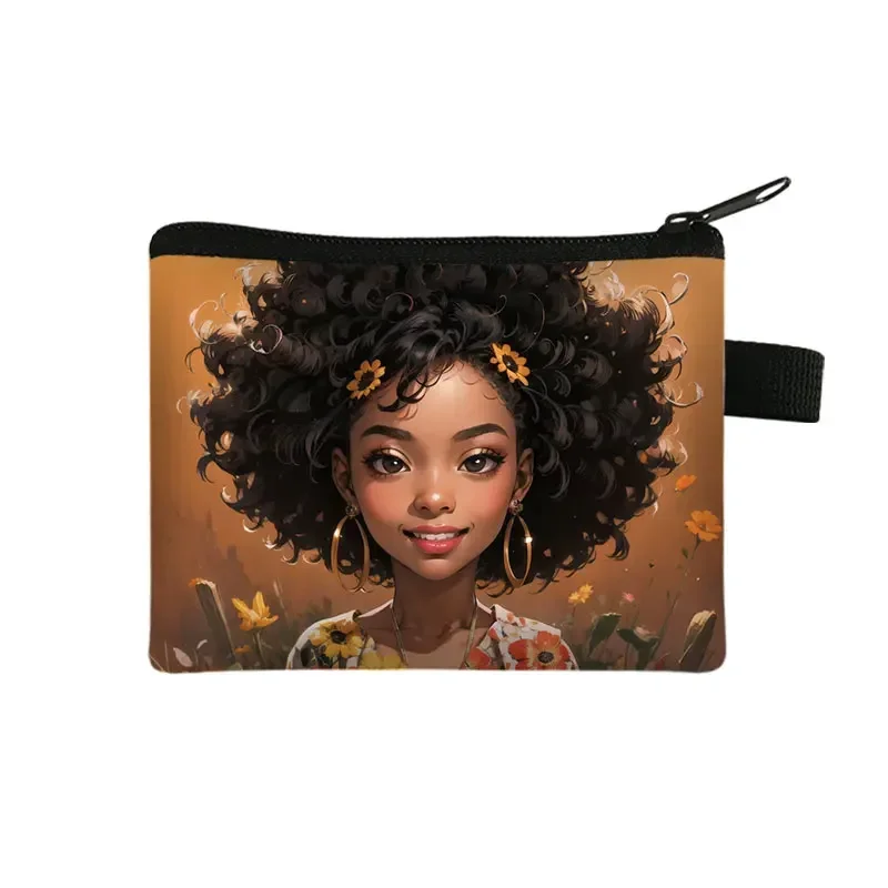 Monederos de dibujos animados africanos para niñas, billetera Afro negra para mujeres, auriculares, identificación, tarjeta de crédito, joyería, pendientes, dinero, bolsas de monedas, regalo