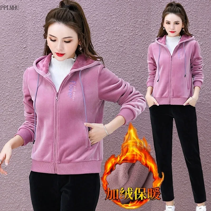 Korean Velour Jogging Sweatsuit Casual Velvet Tracksuit 2 Piece Set Women Outfit Autumn Winter Thick Zipper Hoodie And Pant Suit