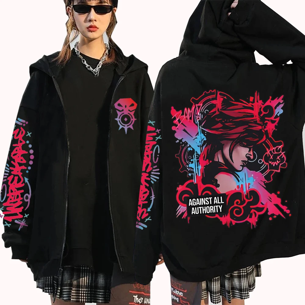 سترة بغطاء للرأس برسومات Arcane Jinx بسحاب Harajuku Hip Hop بلوفر علوي هدية أنيمي