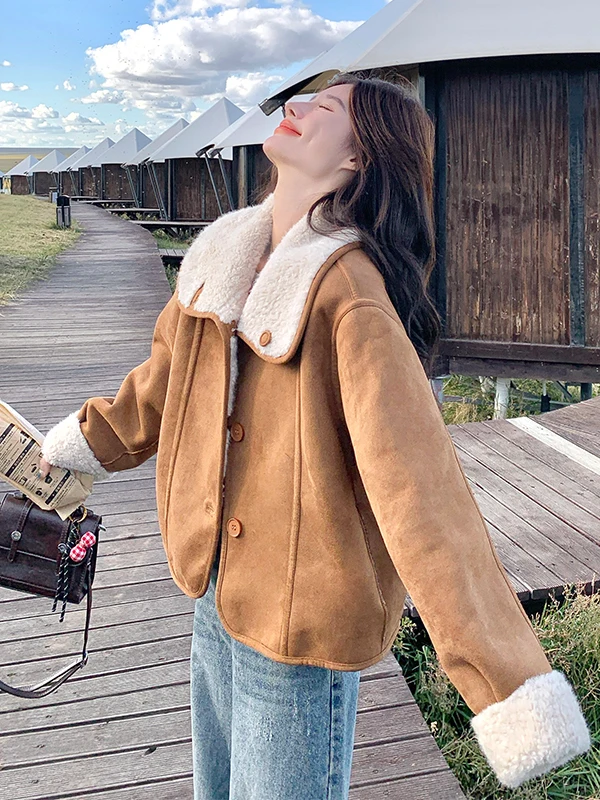Lamb Fur ort Coat Women's Double-Sided Wear Leather And Fur Inteated Warm Top Casual Loose Fit Long Sve Button Closure