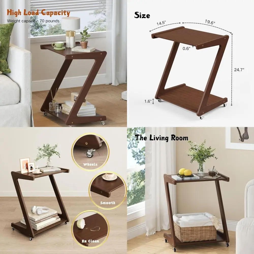 

Walnut Z-Shape Bamboo End Table with 2-Tier Storage, Compact Rolling Side Table for Couch, Ideal Nightstand for Various Rooms