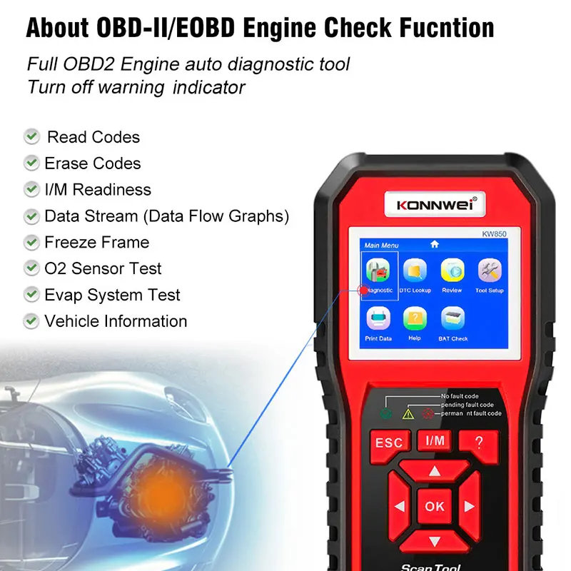 Picture 7: 2026 KONNWEI KW850 Auto Professional Car Battery Diagnostic Tools OBD 2 Check Engine Check Automotive Code Readers OBD2 Scanner