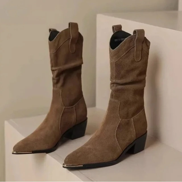 Botas de moda para Mujer, Botas informales de gamuza de alta calidad, botines a media pantorrilla con punta estrecha y temperamento, Botas de vaquero Retro para Mujer