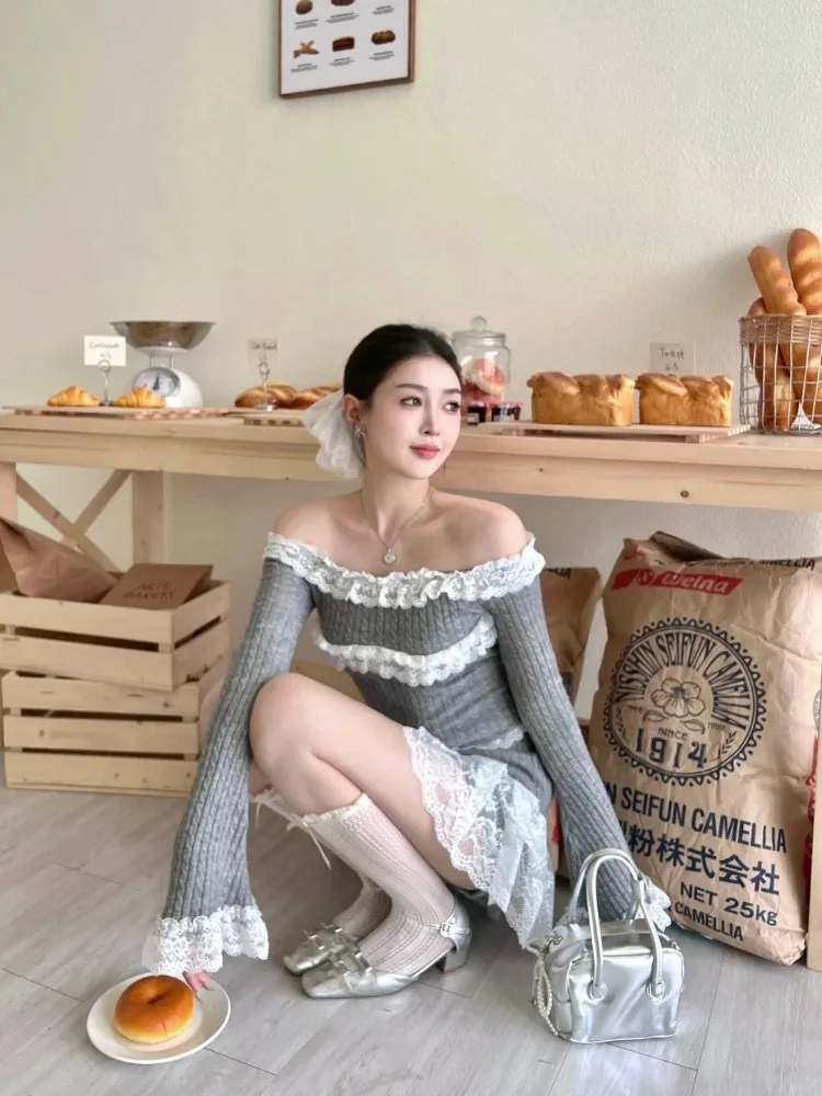 Süße zweiteilige Sets Damen Outfit Rock Sets Spitze Patchwork Off-the-Shoulder Langarm Top Minirock Sexy Streetwear Trendy