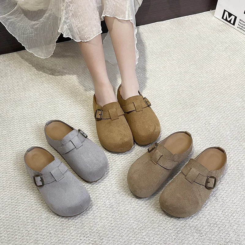 Women Buckle Strap Flat Closed Toe Mules, Comfort Solid Fabric Slip On Clogs Casual Daily Walking Shoes