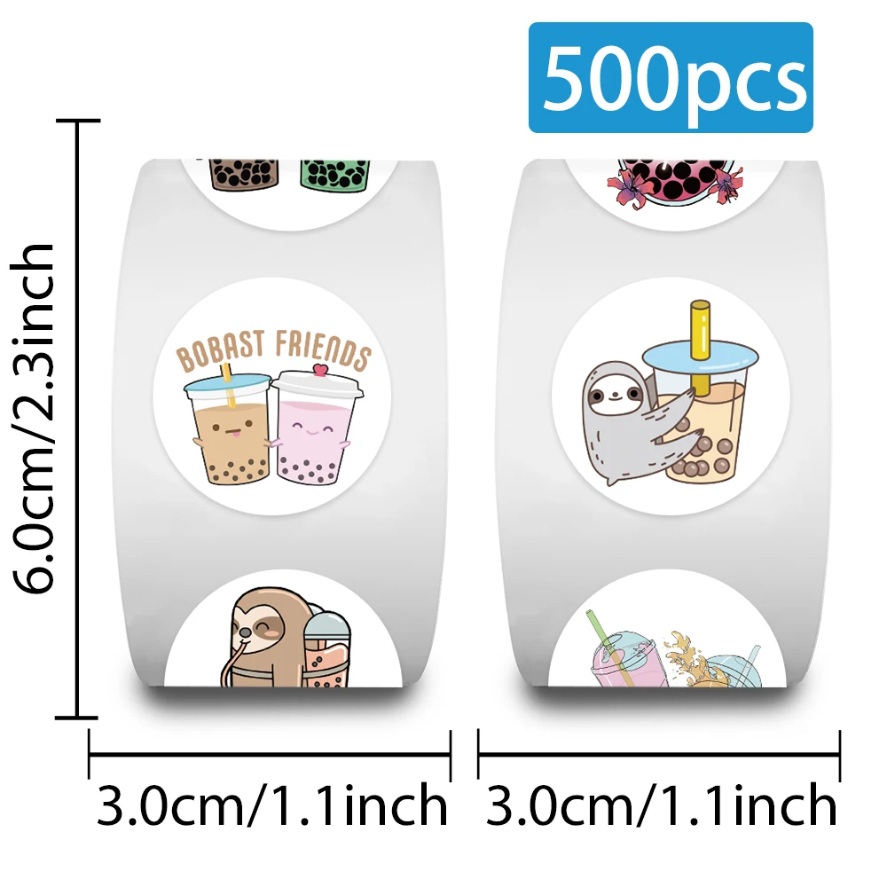 500pcs/roll Cute Cartoon Bubble Milk Tea Stickers Kids Students Reward Sticker Laptop Luggage Guitar Vinyl Decals  (10 Patterns)