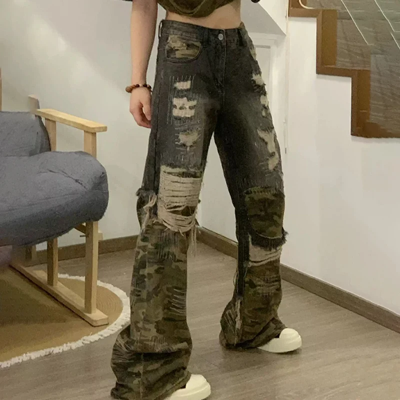 

MWJQ American Vintage Camouflage Hole Jeans Men's Fake two Pieces Heavy Hiphop Streetwear Spliced Washed Straight Pants 010161