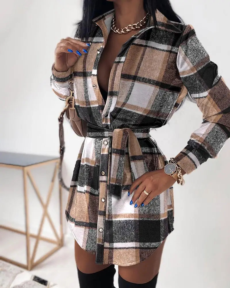 PU Leather Shirt Dress Women Fashion Plaid Lace-up Long Sleeve Sexy Mini Dresses Street Style Casual Long Top Dress Female