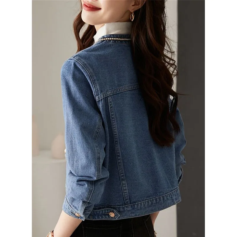 

Корейское женское модное лоскутное джинсовое пальто, осенняя женская верхняя одежда с круглым вырезом, весенняя женская повседневная короткая ковбойская куртка с длинными рукавами