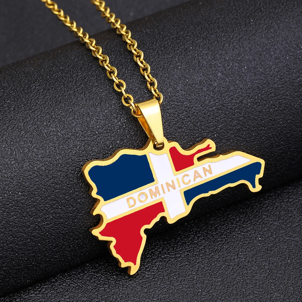 New Dominican Map Flag Pendant Necklace Stainless Steel Men Women Gold/Steel Color Dominicana Maps Jewelry Gift