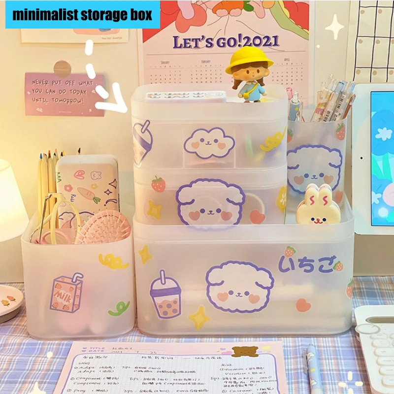 

PGY Simple Desktop Make Up Storage Box Transparent Cartoon Plastic Tidy Box Home Cosmetic Desktop Jewelry Storage Sundries Box