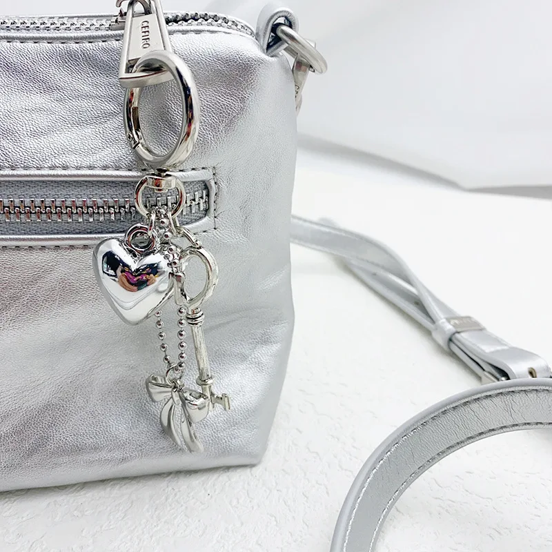 Silver Lock Keychain with Bow Vintage Heart Padlock Pendant for Bag Metal Charm Trinket Minimalist Cool Gift for Women