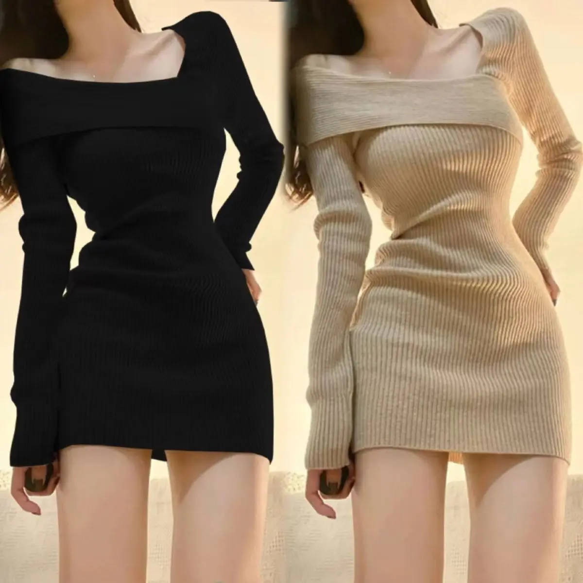 Koreanische Art Mini gestrickt einteiliges Kleid Frauen Kokette sexy Langarm Tunika Kabarett Kleider Khaki Winterkleid ung