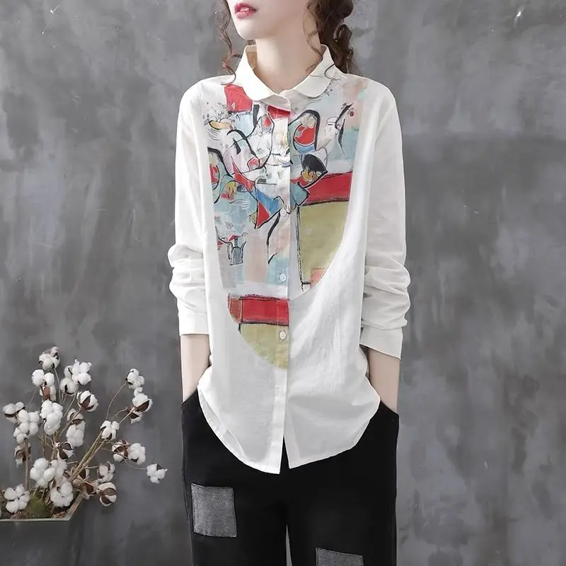 Women\'s Turn-down Collar Cardigan Single-breasted Printed Geometric Shirt Spring Autumn Casual New Long Sleeve Commute Blouses