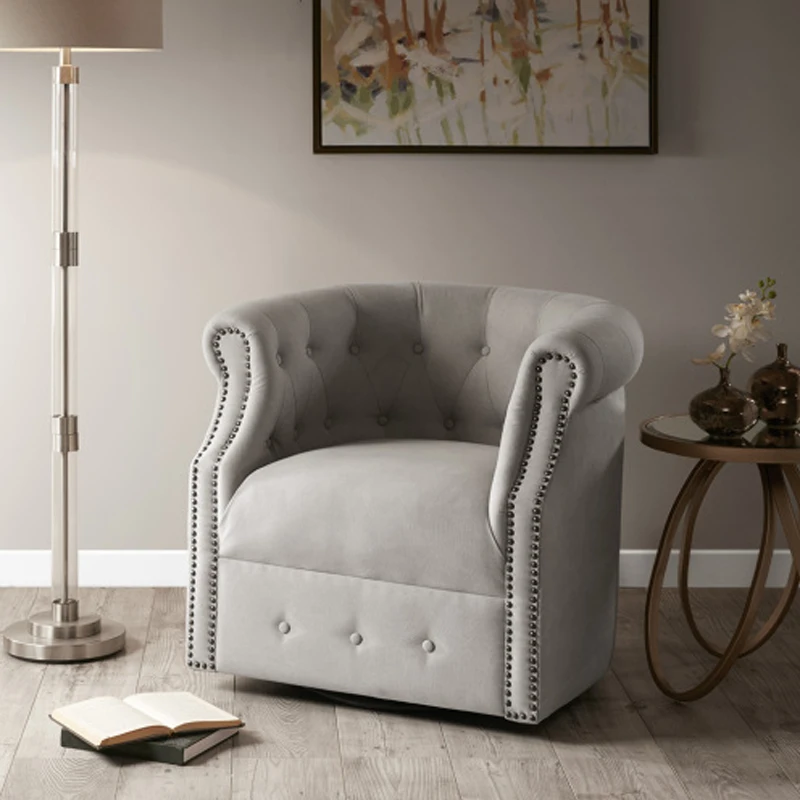 Owen Transitional Swivel Chair - Beige Linen-Like Fabric, Low Barrel Back with Button Tufting, Bronze Nail Heads, 360° Swivel